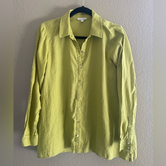Eileen Fisher Organic Irish Linen Bright Yellow Green Button Down Shirt, XS - Picture 2 of 12